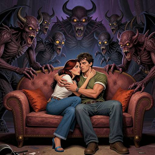 Digital artwork: Muscular man and woman, kissing on a red couch, surrounded by menacing, horned demons with glowing eyes in a dark, purple
