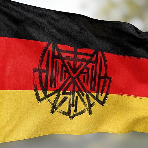 Photograph of the German flag with black, red, and yellow horizontal stripes and an intricate black Iron Cross emblem in the center.