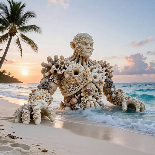 Photograph of a surreal, beach sculpture made from various seashells, resembling a humanoid figure, kneeling in the sand at sunset, with a palm