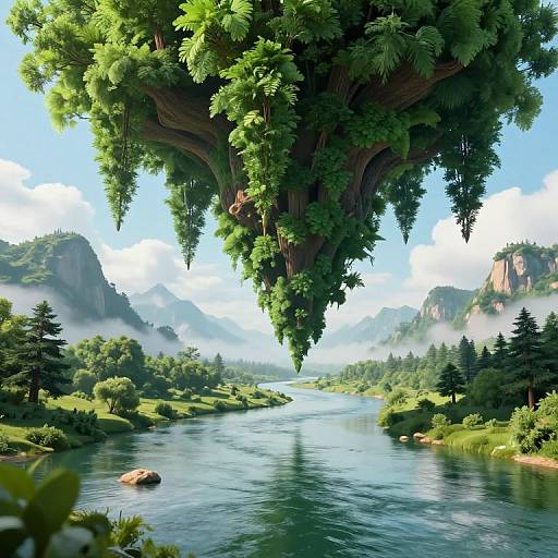 Fantastical digital art of a lush, floating tree island over a serene, misty river valley with rocky cliffs and dense greenery.