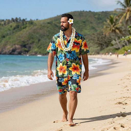 Photograph of a bearded man with dark skin wearing a colorful Hawaiian shirt and flower lei, walking on a sunny, tropical beach with lush green hills