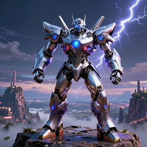 Digital artwork of a towering, silver, glowing robotic warrior with blue and red lights, standing on a rock amid a stormy, lightning-filled, futuristic