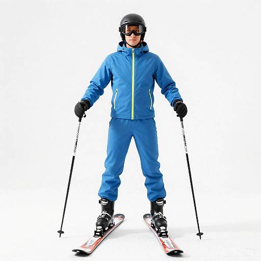 Photograph of a skier in a blue jacket and pants, black gloves, helmet, and goggles, holding ski poles, standing on skis,