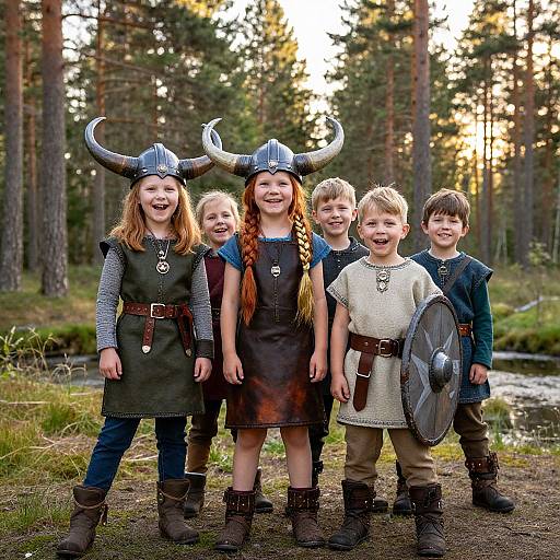 Photograph of five smiling children dressed as Viking warriors, with helmets, tunics, belts, and boots, standing in a forest clearing.