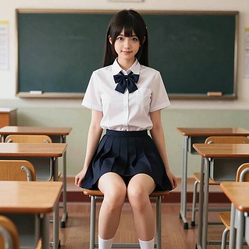 Digital art of an Asian schoolgirl with black hair, blue eyes, white blouse, black bow tie, and skirt, sitting in a classroom.