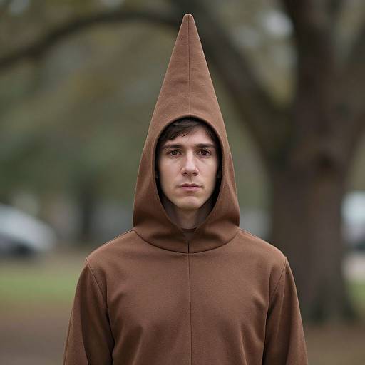 Photograph of a young man with fair skin, dark hair, and brown hoodie with a pointed hood, standing in a blurred park background.