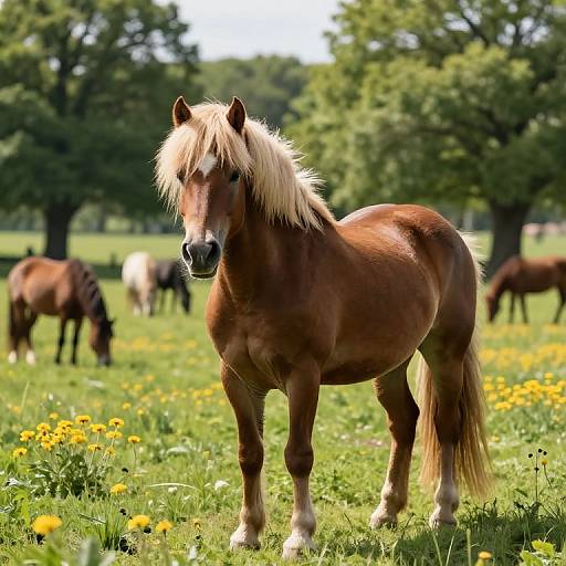 Photograph of a chestnut horse with a blonde mane standing in a sunlit, green meadow with yellow wildflowers, surrounded by other horses grazing
