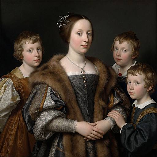 17th-century oil painting of a fair-skinned woman in a fur-trimmed dress, surrounded by three young boys in period clothing, dark background