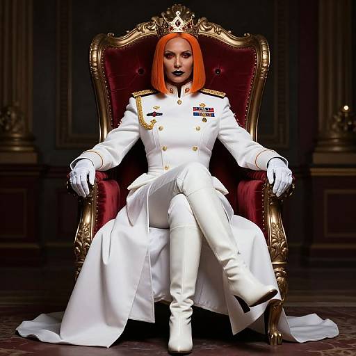 Female Military Queen in White Uniform on Throne