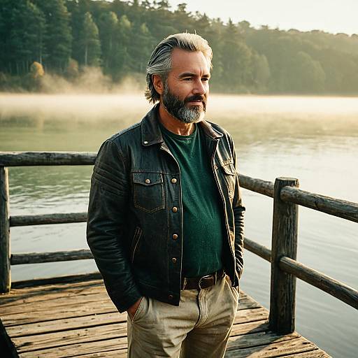 Man on Wooden Pier Overlooking Misty Lake