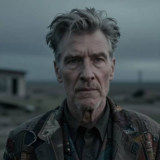 Photograph of a weathered, middle-aged man with gray, tousled hair and a beard, wearing a worn, patterned jacket, set against
