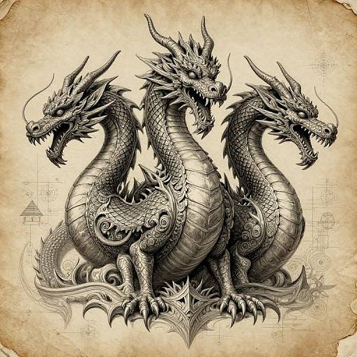 Ink drawing of a three-headed dragon with intricate scales, sharp horns, and fierce expressions, set on a aged parchment background.
