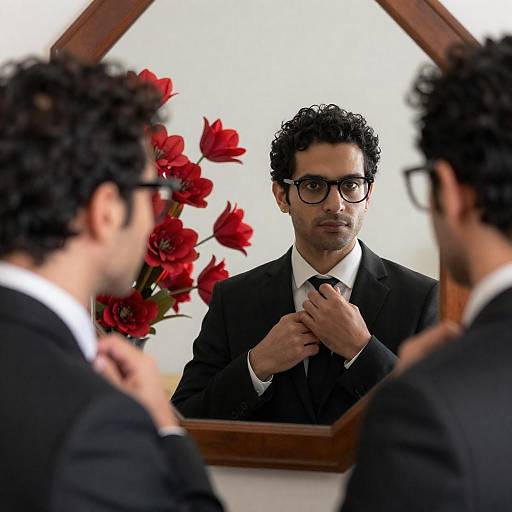 Man Adjusting Tie in Octagonal Mirror