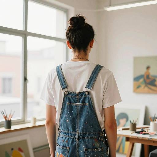 Photograph of an Asian woman with black hair in a bun, wearing denim overalls and white shirt, standing in a brightly lit, modern art studio