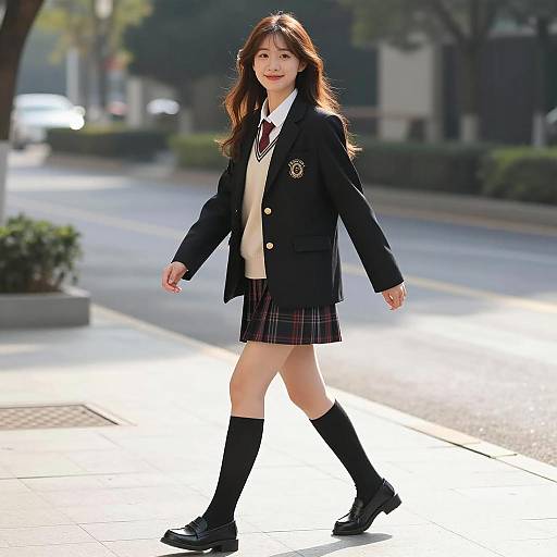 Fashionable Asian Woman on Sunlit Sidewalk