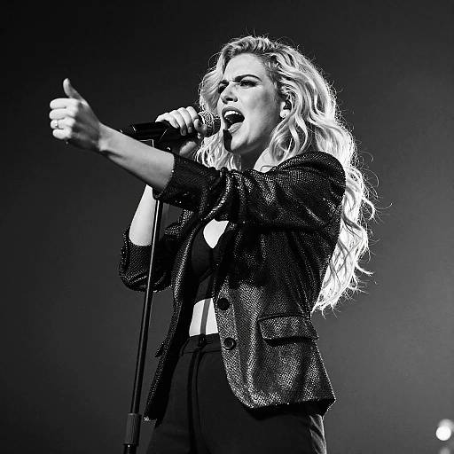 Black and white photograph of a passionate female singer with long, wavy hair, wearing a textured jacket and black pants, passionately singing into a microphone with