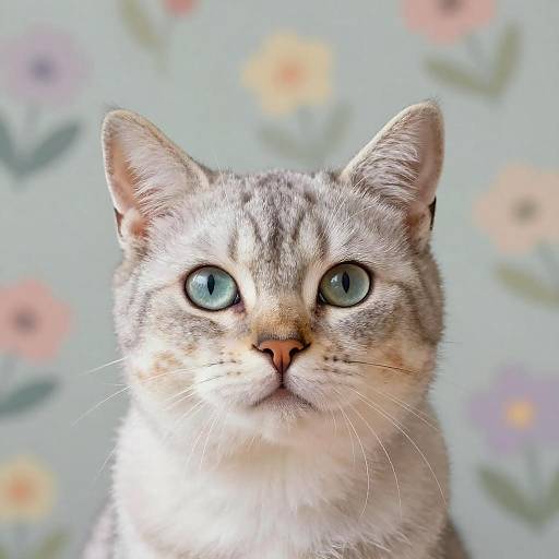 Photograph of a silver tabby cat with bright blue eyes, set against a pastel floral-patterned background. The cat's alert expression and detailed
