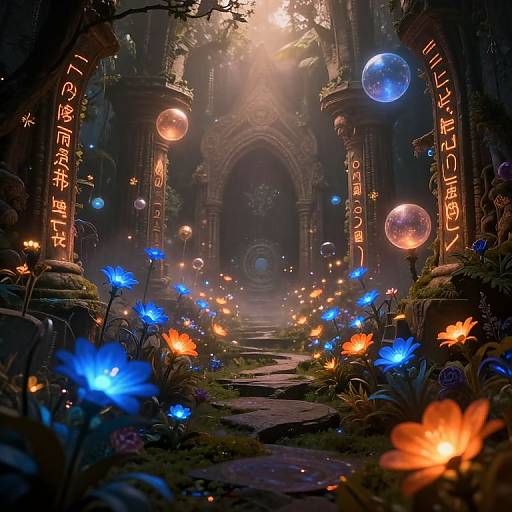 Fantastical, glowing garden path through ancient, moss-covered ruins with illuminated blue and orange flowers, floating bubbles, and glowing text.
