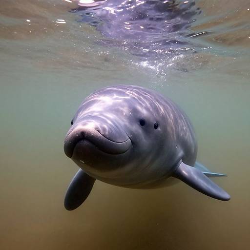 Photograph of a smiling, silver-gray dolphin swimming underwater, with sunlight reflecting off its smooth, glistening body, set against a blurred, greenish