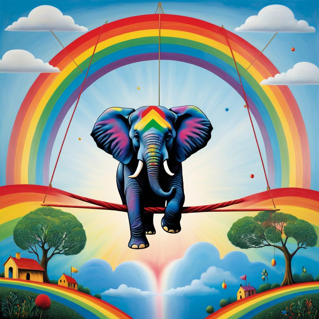 Surreal Elephant on Rainbow Tightrope