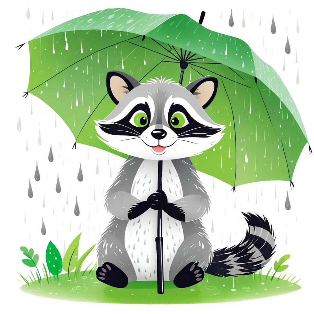 Joyful Raccoon Under Rainy Umbrella