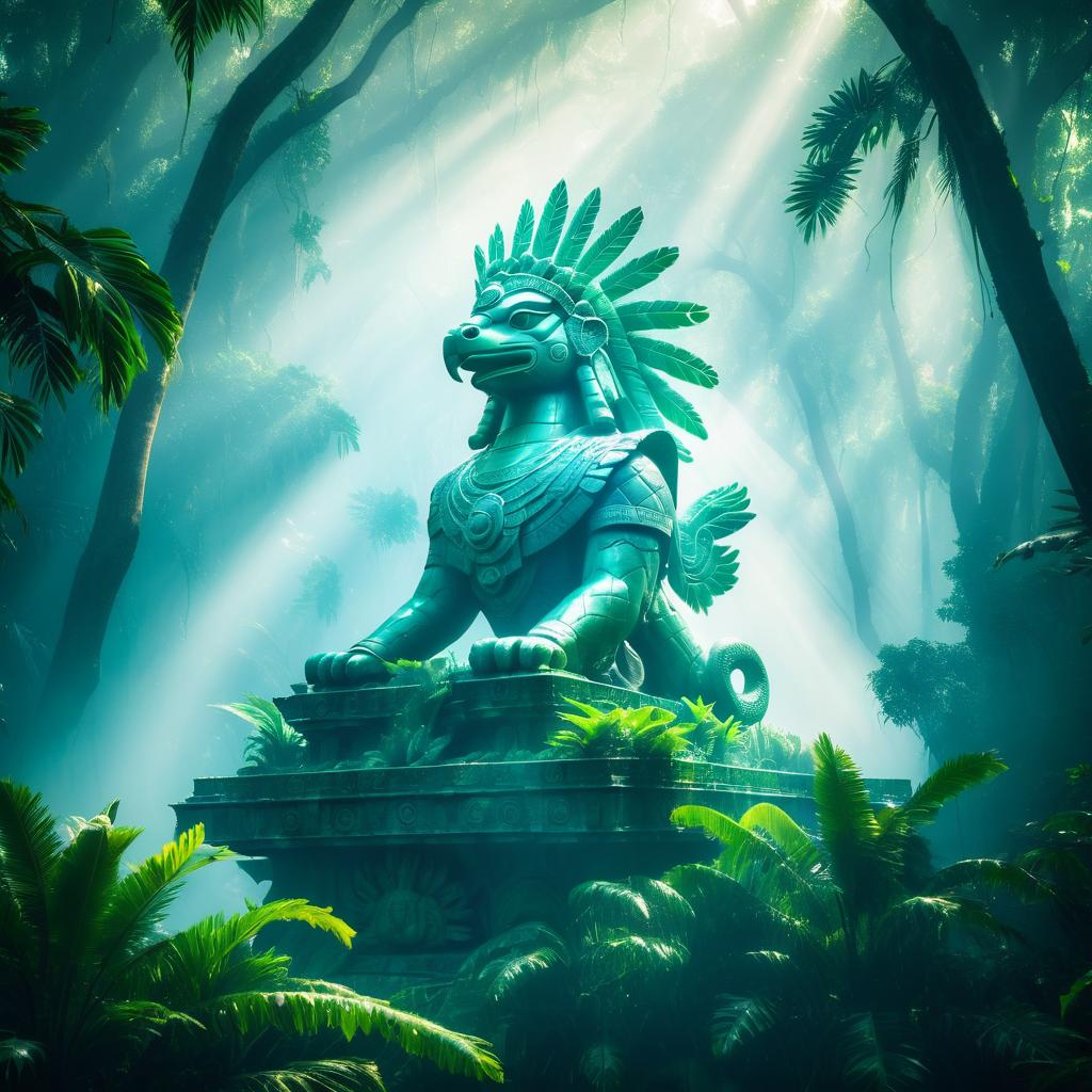 Ancient Quetzalcoatl Statue in Jungle Mist