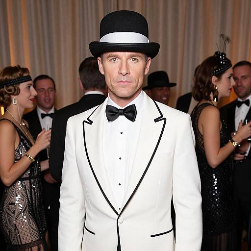 Photograph of a handsome man in a white tuxedo with black trim and black bow tie, black top hat, standing in front of elegantly