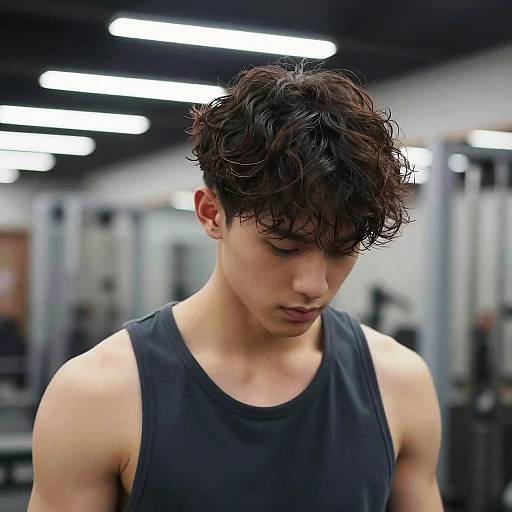 Young Male Athlete with Wavy Blowout Hairstyle in Gym