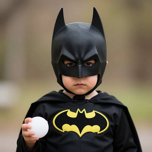 Photograph of a young child in a Batman costume, black mask with pointed ears, holding a white ball, yellow Batman logo on black hoodie, blurred