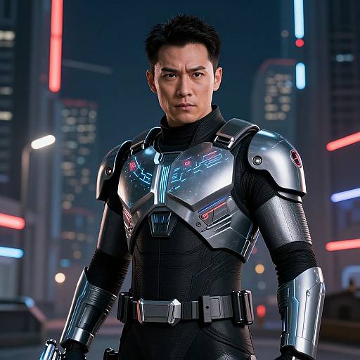 Photograph of a serious Asian man in futuristic silver armor with neon accents, standing in a neon-lit cityscape at night.
