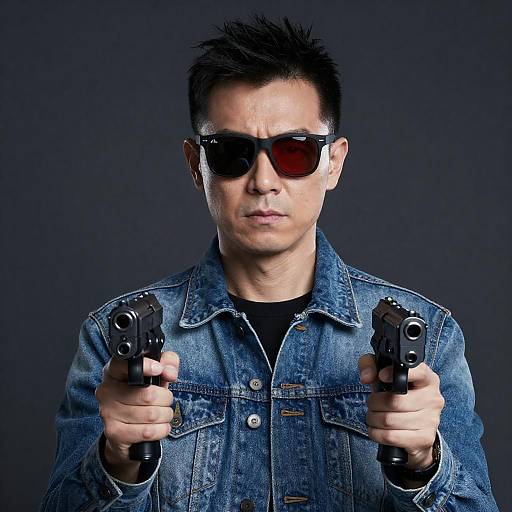Serious Man in Denim with Handguns