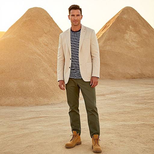 Photograph of a handsome man with short brown hair, wearing a white blazer, striped shirt, olive pants, and tan boots, standing in front