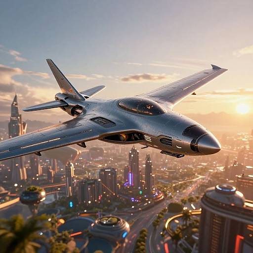 Photorealistic CGI of a sleek, silver fighter jet soaring over a futuristic, illuminated cityscape at sunset, with skyscrapers and neon lights.