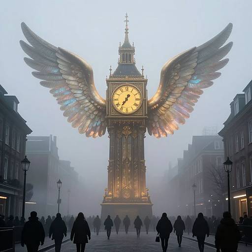 Photograph of a foggy street with a clock tower featuring angel wings, glowing golden clock face, silhouetted people, and Victorian-style buildings