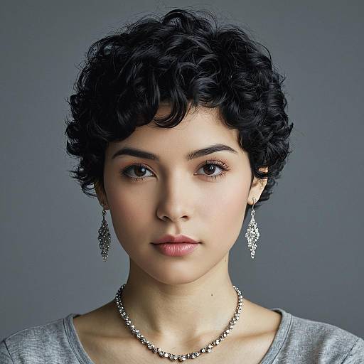 Portrait of Woman with Gray Curly Pixie Cut and Jewelry