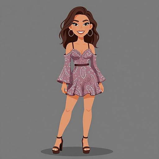 Digital illustration of a smiling woman with long dark hair, wearing a lavender off-shoulder dress with floral patterns, black high heels, and large hoop
