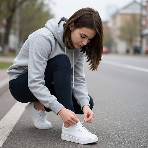 Photograph of a young woman with straight brown hair, wearing a gray hoodie, black pants, and white sneakers, crouching to tie her shoe