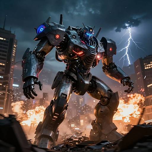CGI image of a towering, black, robotic warrior with blue and red lights, standing amidst a cityscape under a stormy sky with lightning.