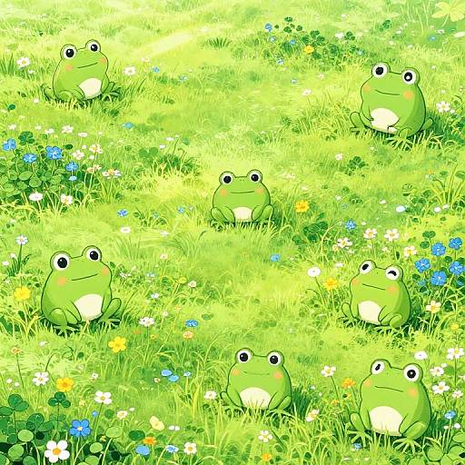 Digital illustration of five green frogs with black eyes, sitting in a bright, sunlit meadow filled with colorful flowers and lush green grass.