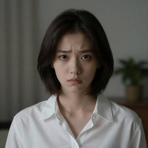 Serious Young Woman in White Shirt