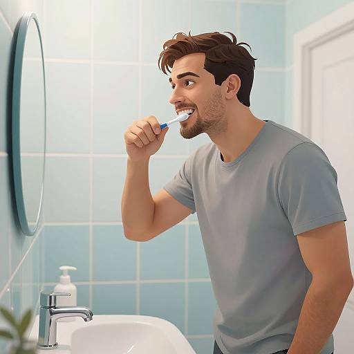 Photograph-style digital illustration of a smiling, bearded man with dark hair brushing his teeth in a bright, blue-tiled bathroom.