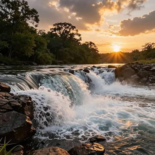 Photograph of a cascading waterfall at sunset, with golden light, dark silhouetted trees, and rocks in the foreground.