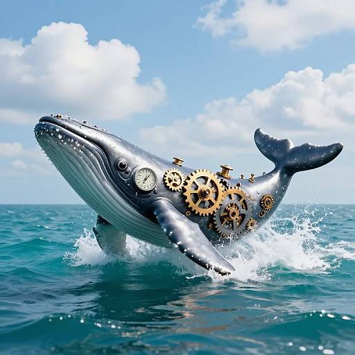 Photograph of a metallic, gear-adorned whale with clock faces swimming in blue ocean water under a bright, partly cloudy sky.