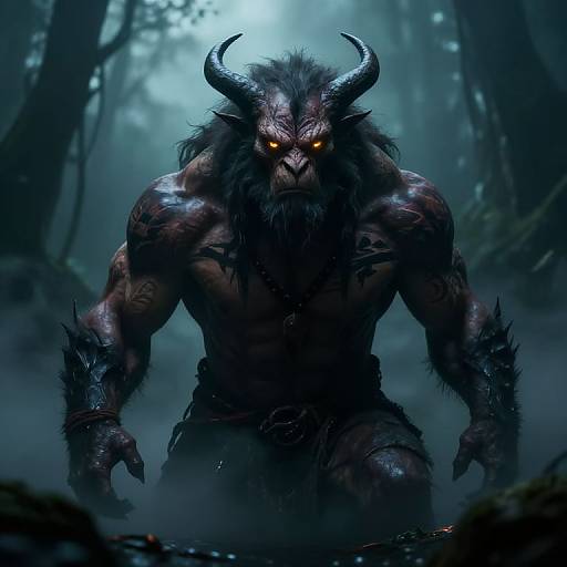 Digital art of a muscular, demonic creature with glowing orange eyes, black horns, and dark fur, standing menacingly in a foggy forest.
