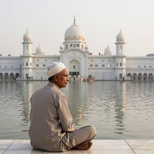 Photograph of an elderly Indian man in a white cap and grey outfit, sitting by the reflective pool, facing the majestic white-domed Golden Temple in