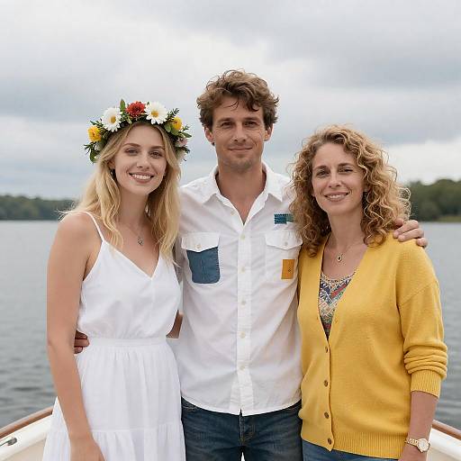 Three People Standing Together on Boat by Lake
