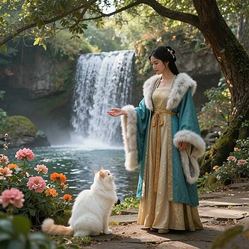 Photograph of an Asian woman in a golden dress and teal fur-trimmed robe, standing by a waterfall, interacting with a white fluffy cat,
