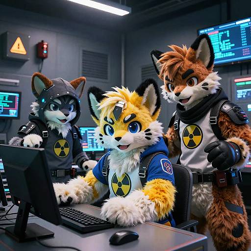 Photorealistic CGI of three anthropomorphic foxes in black and blue radiation suits, working on computers in a high-tech, futuristic control room.
