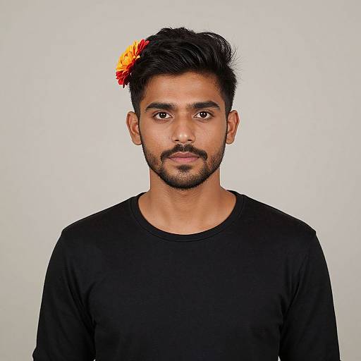 Photograph of a young South Asian man with short black hair, orange flower, black beard, and black shirt, against a plain white background.