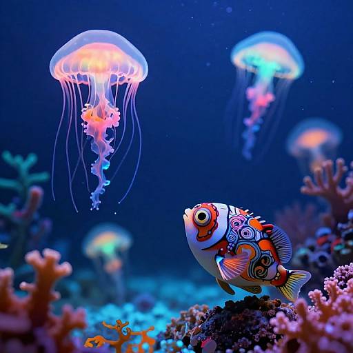 Luminescent Jellyfish in Abstract Coral